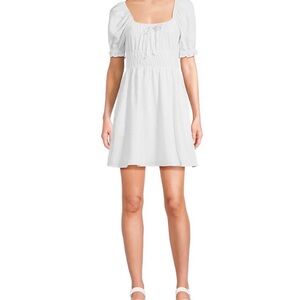 Copper Key White Puff Sleeve Midi Dress with Triple Elastic Waist